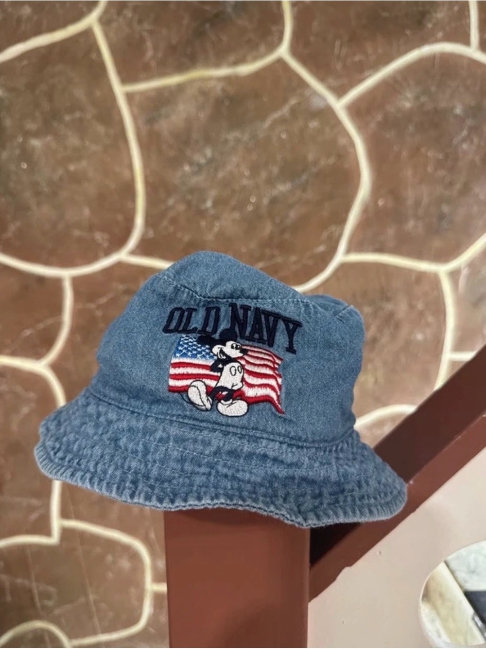 Old Navy Denim Bucket Hat with Flag & Character Patch